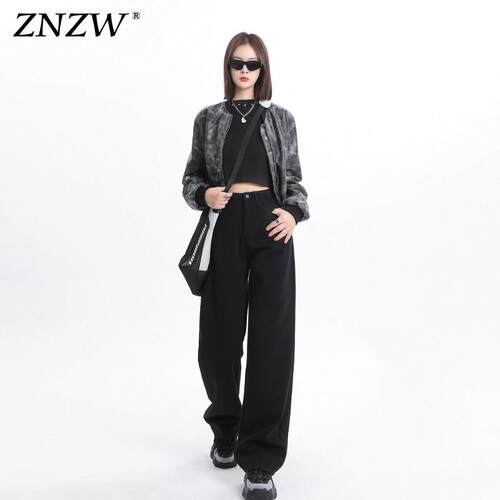 ZNZW黑色直筒牛仔裤女2026春季阔腿垂感小个子窄版修身黑色裤子女
