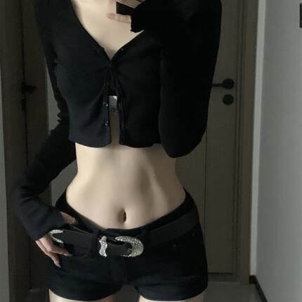 021ope小野猫 美式辣妹低腰裤牛仔短裤修身显瘦显高包臀热裤性感