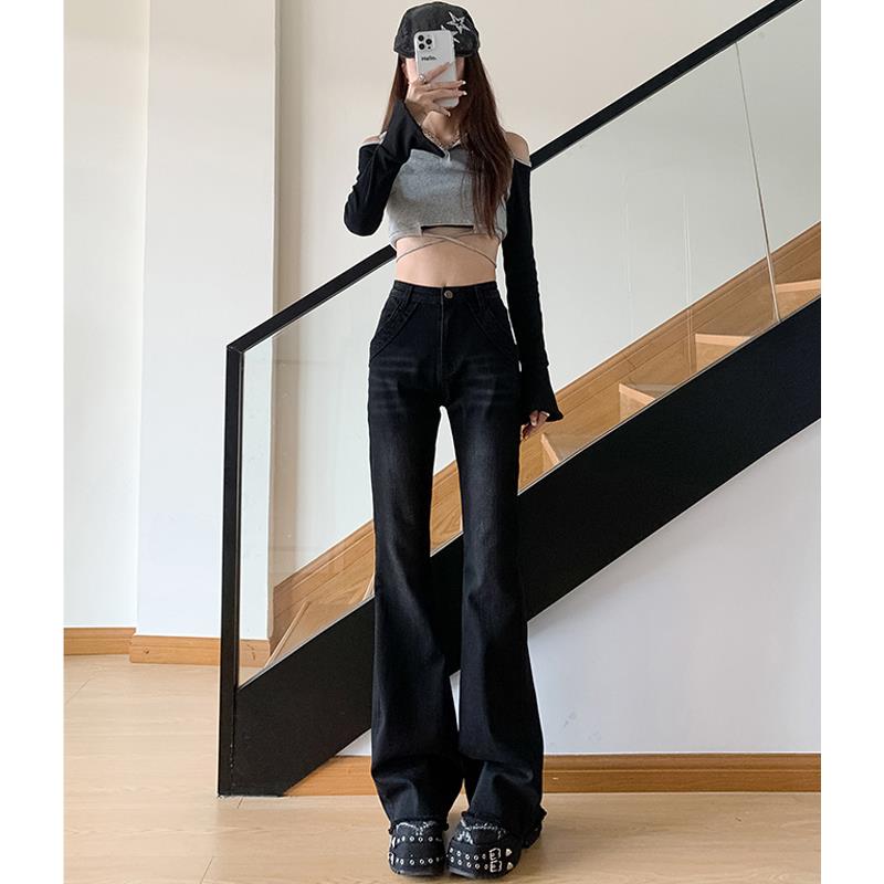 UYH高腰微喇牛仔裤女黑色显瘦提臀弹力百搭通勤美式复古喇叭裤子