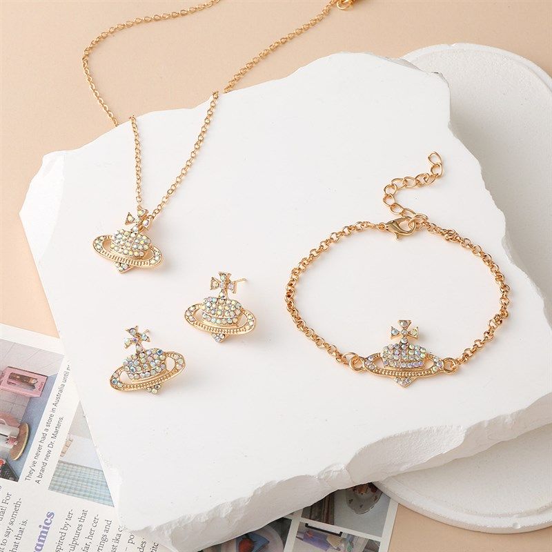 极速跨境欧美星球耳环项链手錬套装女饰品时尚气质W土星镶钻耳环