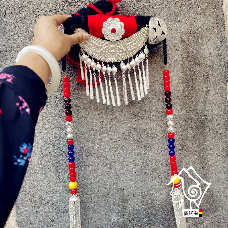 极速凉山彝族帽子女藏族彩珠银色流苏头饰复古少S数民族风婚纱影