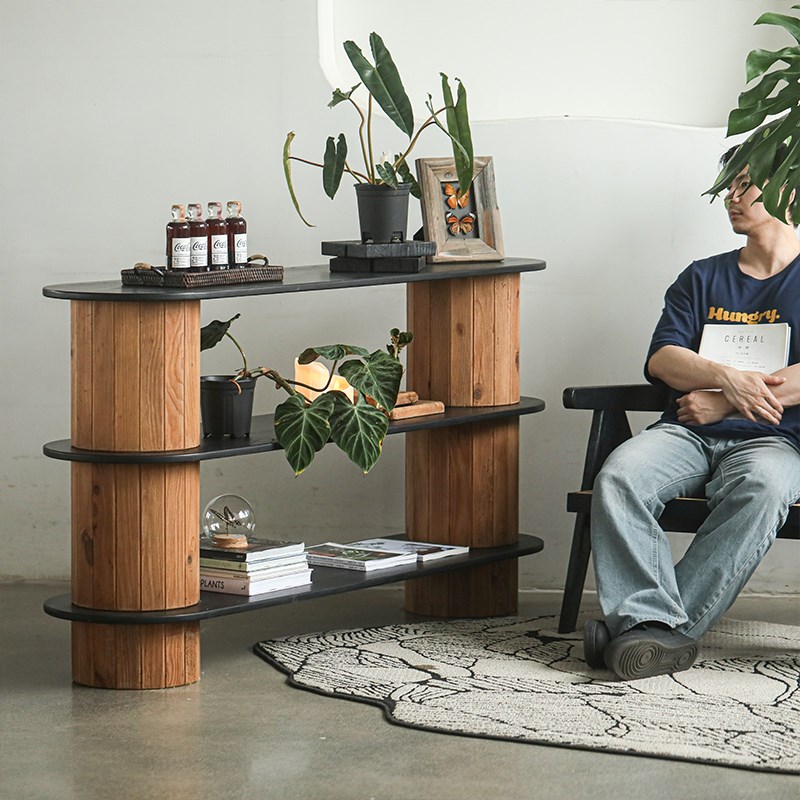 极速三层实木玄关架置物架老松木黑色G多层橡木板侘寂风民宿别墅