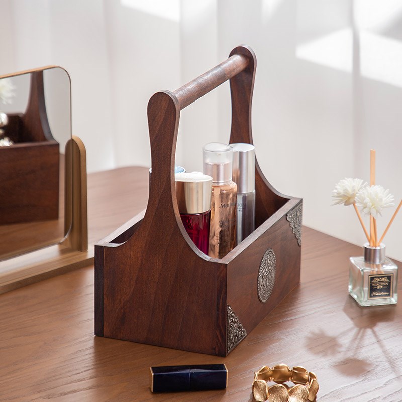 极速实木桌面梳妆台手提s篮复古木质化妆品护肤品收纳盒置物架中