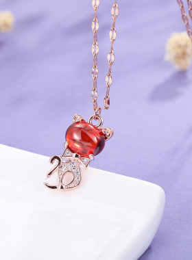 极速新款好运妖娆小猫项链女 时C尚流行红色石榴石猫咪锁骨链饰品
