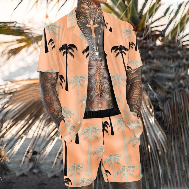 极速New rend Men Hawaiian Sets Summer Feather PrintinYg Shor