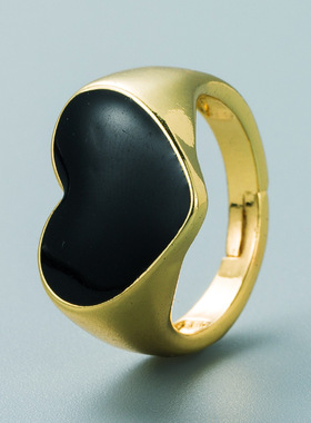 极速跨境欧美个性红色p黑色大号爱心戒指女铜镀金滴油开口嘻哈戒