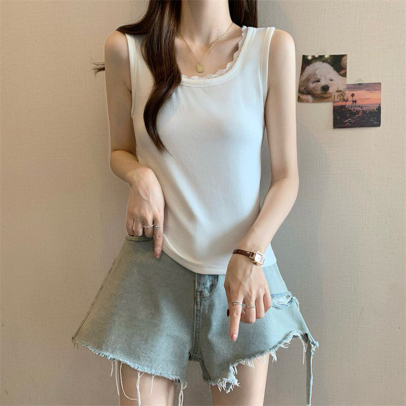 新品黑色无袖蕾丝边吊n带背心女外穿2025夏季大码胖mm显瘦内搭打