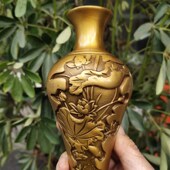 工艺 家居店铺创意中式 极速古玩铜器收藏 黄铜连年v有余花瓶一支