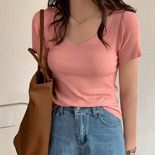 极速AOSSVIAO 2022 Basic tV-neck Solid Thin Summer Pullover W