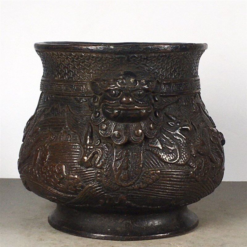 极速明宣德年浮雕龙纹双兽v耳香炉古玩杂项古董铜器包老保真全品