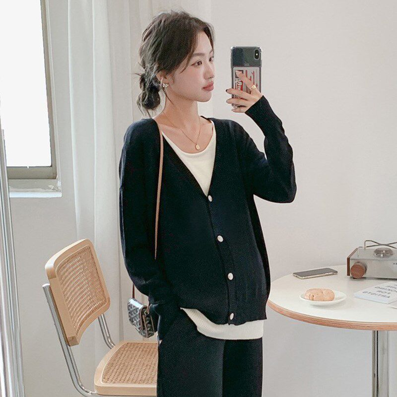 新品孕妇装春装宽松假两件孕妇开衫毛衣外套长袖孕U妇针织衫上衣