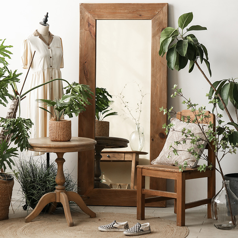 极速1.8米落地镜老松木复古侘寂风穿衣镜家用壁挂U贴墙实木全身镜