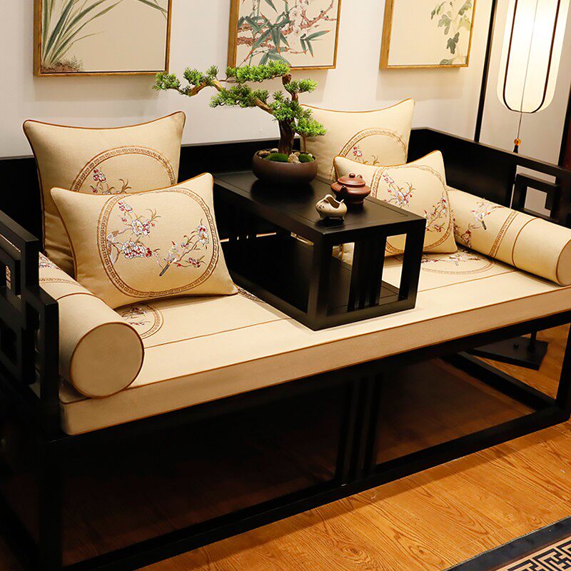 新品新中式红木沙发坐垫实木家具古典刺绣罗汉床垫子加Z厚海绵防