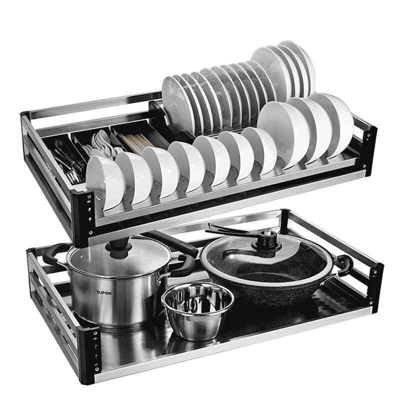 极速厨房碗碟拉篮304不锈钢双层抽屉式阻尼橱R柜拉蓝碗碟篮架收纳