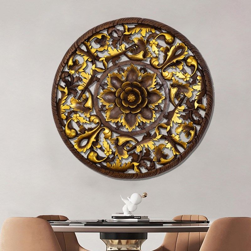 极速泰国柚木雕花板镂空圆形客厅沙发背景L墙装饰壁挂东南亚家居