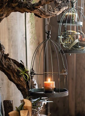 极速欧式铁艺装饰鸟m笼花器摆件烛台插花吊兰花盆复古悬挂橱窗道