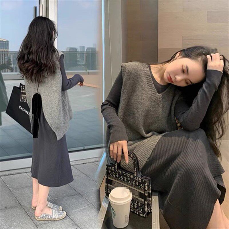 新品孕妇装秋冬季连衣裙2025新款时G尚套装遮肚子毛衣马甲针织打