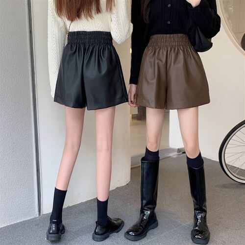 新品大码胖mm高腰皮短裤女秋季2024年黑色a字阔腿puY皮裤松紧腰休