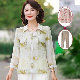 洋气减龄小衫 女春夏新款 中老 年轻妈妈翻领套头碎花u雪纺衬衫 新品