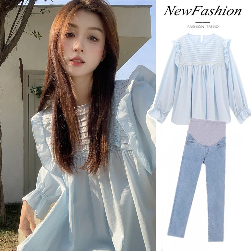 新品孕妇装e春夏季长袖娃娃衬衫上衣2025新款套装宽松时尚小个子