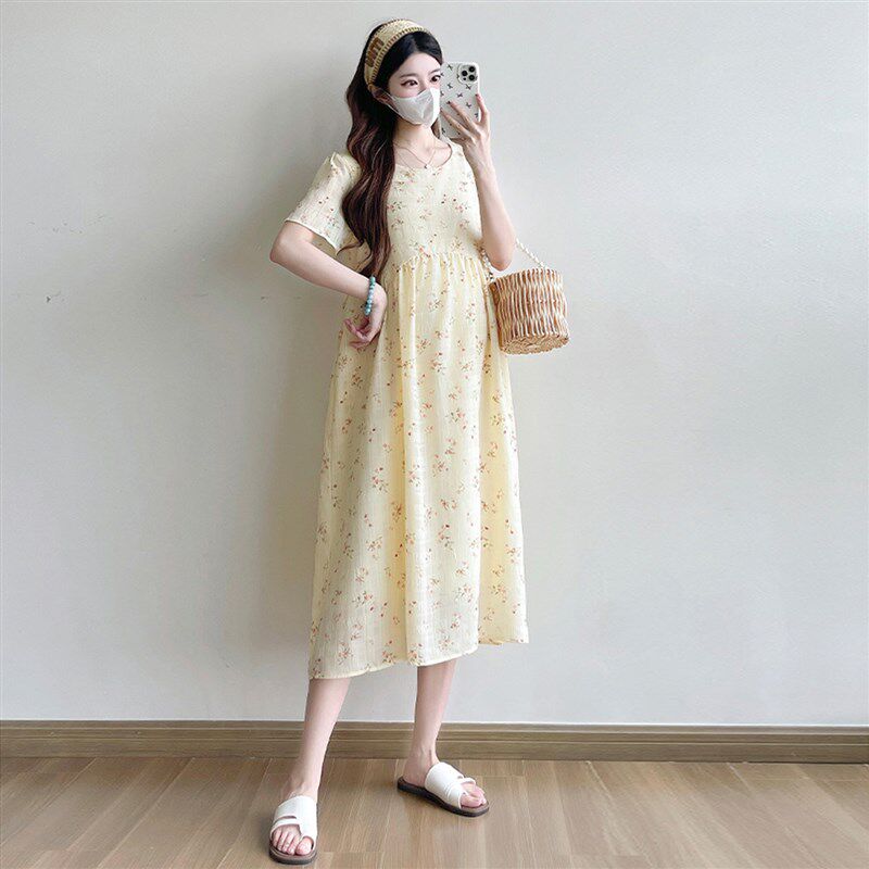 极速孕妇连衣裙夏装新款小清新孕妇装洋气薄M款碎花雪纺孕期显瘦