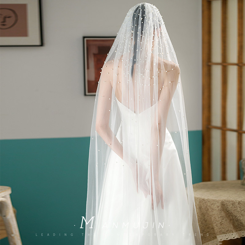 极速三米长款头纱新娘主婚纱头饰结婚跟妆L造型旅拍照单层珍珠头