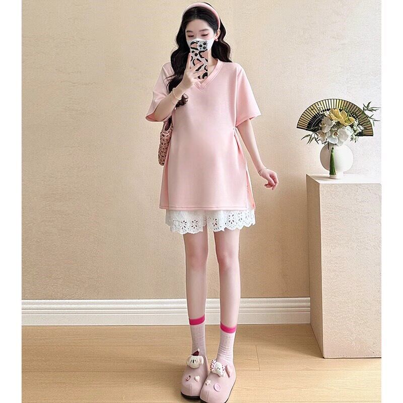 新品孕妇上衣夏季薄款o2025新款宽松洋气遮孕肚t恤蕾丝短裤套装小