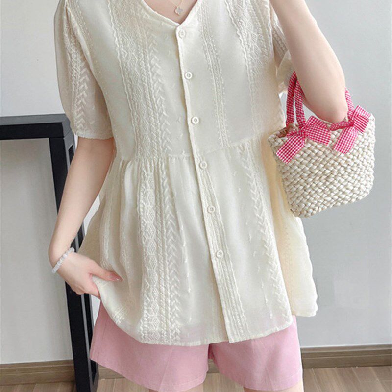 新品孕妇上衣女夏季新款小个子孕B妇装宽松V领杏色娃娃衫显瘦短袖