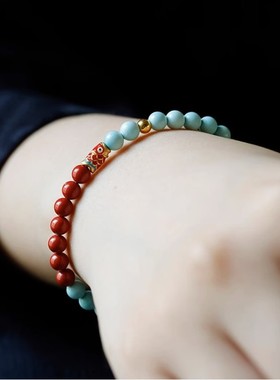 极速锦鲤上e岸手錬求学考试原矿高瓷绿松石佛珠手串帝王朱砂配饰