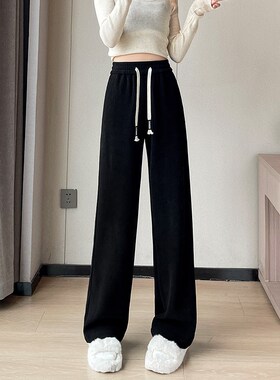 极速雪尼尔阔腿裤女20q23新款秋冬小个子黑色条绒高腰直筒窄版麦