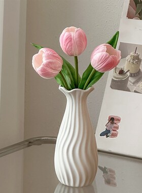 极速花瓶摆件客厅插花郁金香仿真花白色iJns韩系陶瓷花瓶玄关装饰
