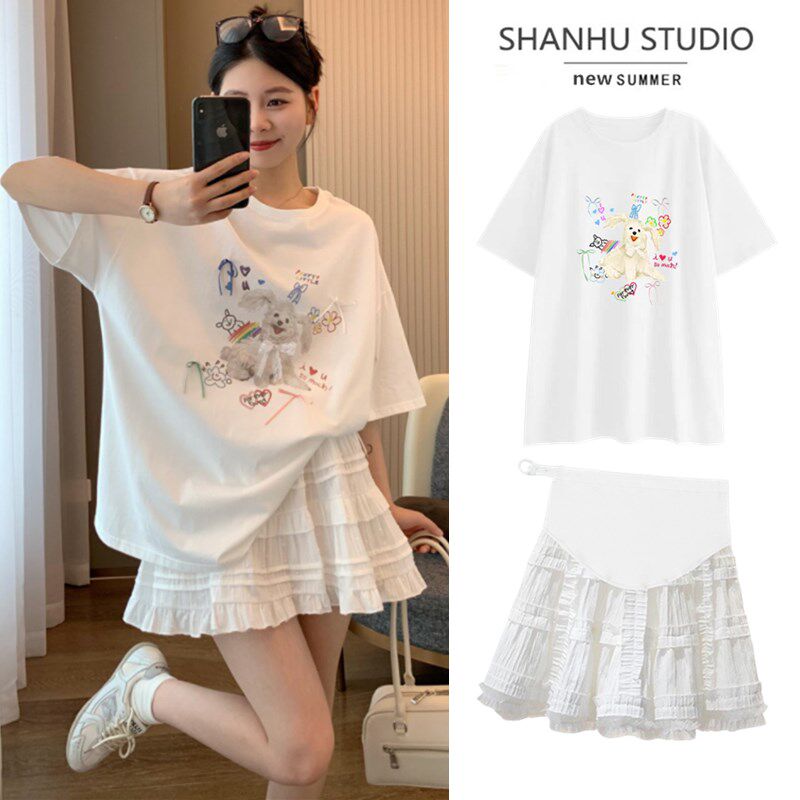 新品孕妇上衣夏季薄款o遮肚子不显怀百搭短袖T恤半身裙减龄套装女