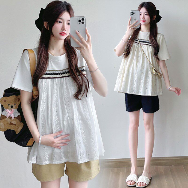 新品孕妇上衣夏季薄款2025新款C时尚洋气遮孕肚短袖t恤娃娃衫套装