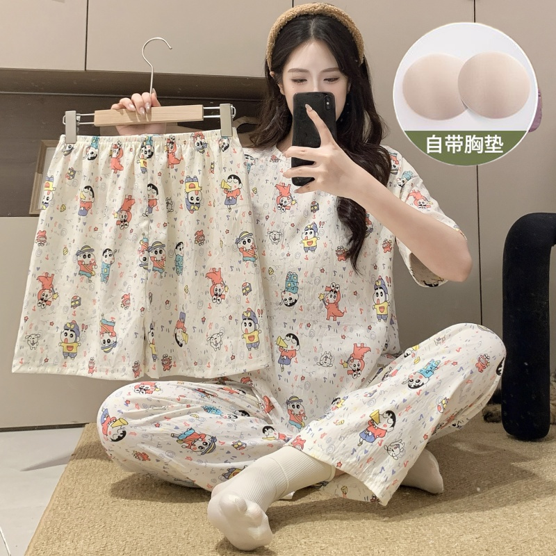 带胸垫一体三件套蜡笔小新睡衣女夏季短袖短裤长裤云朵棉款家居服