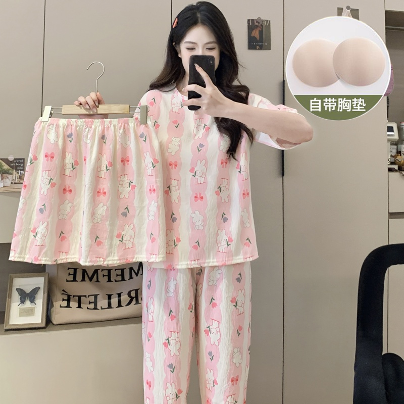 2025年新款夏季天棉质凉感短袖女士睡衣三件套带胸垫高级感家居服