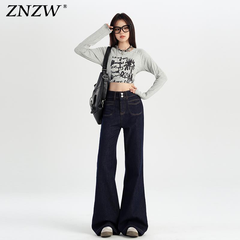 ZNZW丹宁蓝牛仔喇叭裤女秋冬加绒原色双扣不贴腿高腰微喇阔腿裤子
