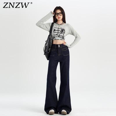 ZNZW丹宁蓝牛仔喇叭裤女秋冬加绒原色双扣不贴腿高腰微喇阔腿裤子