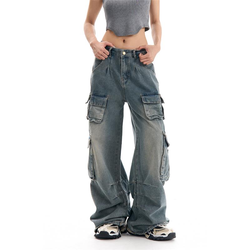 AGUA欧美式y2k辣妹牛仔裤女2024秋新款做旧设计感直筒坠感拖地裤