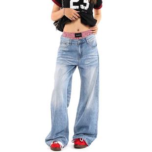 0123Start 水洗猫须做旧浅蓝色牛仔裤男女宽松美式高街复古直筒裤