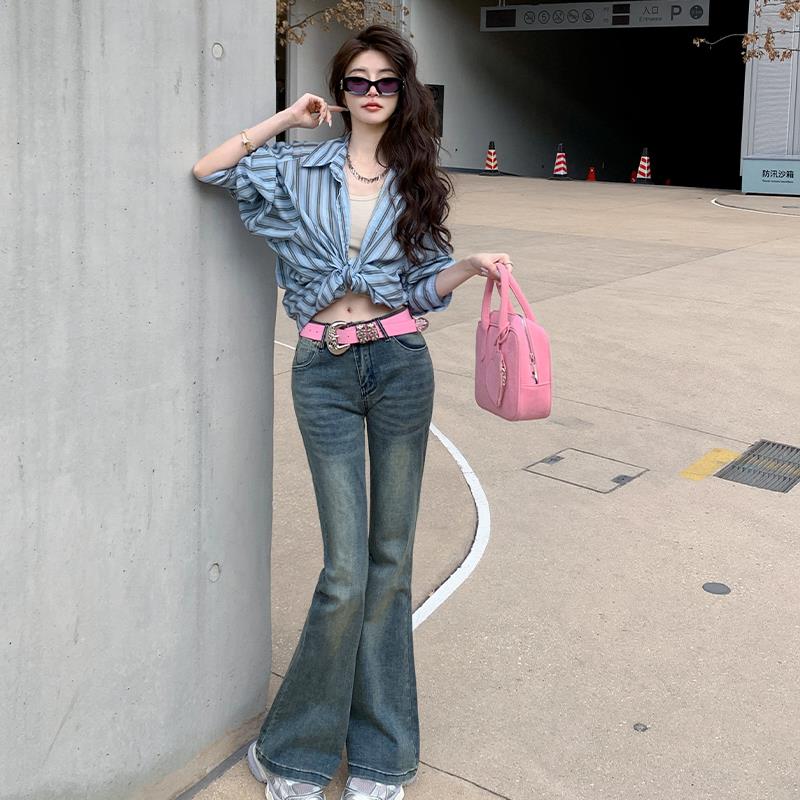 ZRZV美式复古做旧弹力微喇裤2024新款低腰修身显瘦辣妹牛仔喇叭裤