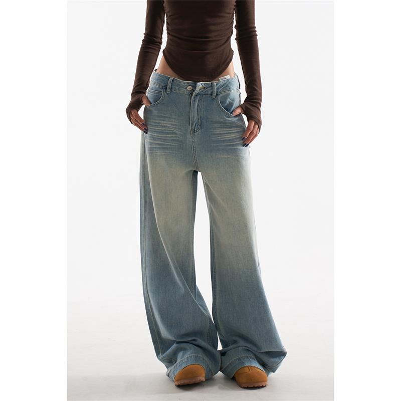 AGUA美式复古直筒阔腿牛仔裤女春秋高街潮牌炸街拖地长裤宽松裤子