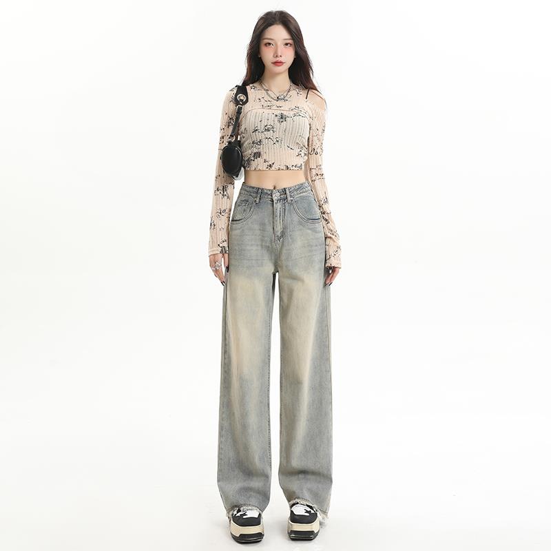 拾籍美式牛仔阔腿裤秋冬季高腰宽松拖地裤设计感小众垂感直筒裤子