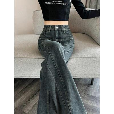 IDOLERA水泥灰高腰阔腿牛仔裤女2025春秋新款窄版显瘦直筒裤裤子