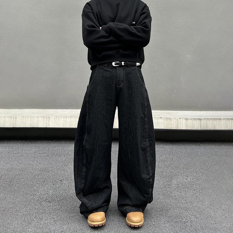 BLAEXIT美式镰刀香蕉牛仔裤男廓形黑色复古微喇直筒阔腿弯刀裤子