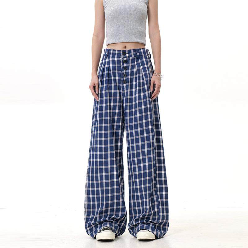 复古格子休闲裤男女宽松慵懒风阔腿直筒排扣设计拖地裤赵露思同款