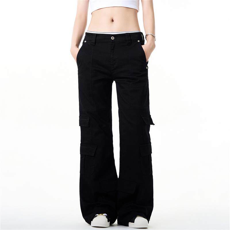 StreetStudio美式小个子直筒黑色工装裤女秋冬辣妹低腰微喇裤子