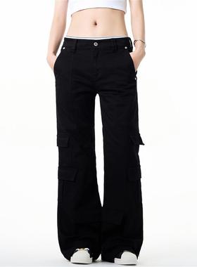 StreetStudio美式小个子直筒黑色工装裤女秋冬辣妹低腰微喇裤子