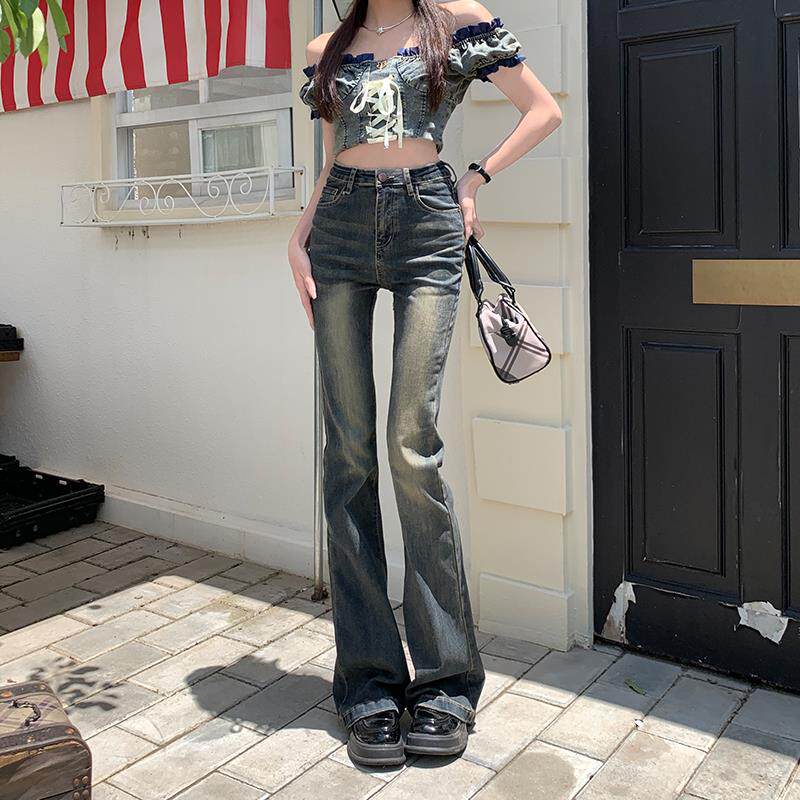 LRU高腰微喇牛仔裤女2025新款宽松弹力修身显瘦设计感垂感喇叭裤