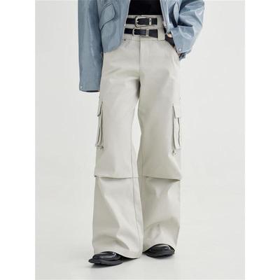 PEOPLESTYLE 时尚双腰头多口袋工装裤美式复古黑白色无性别休闲裤