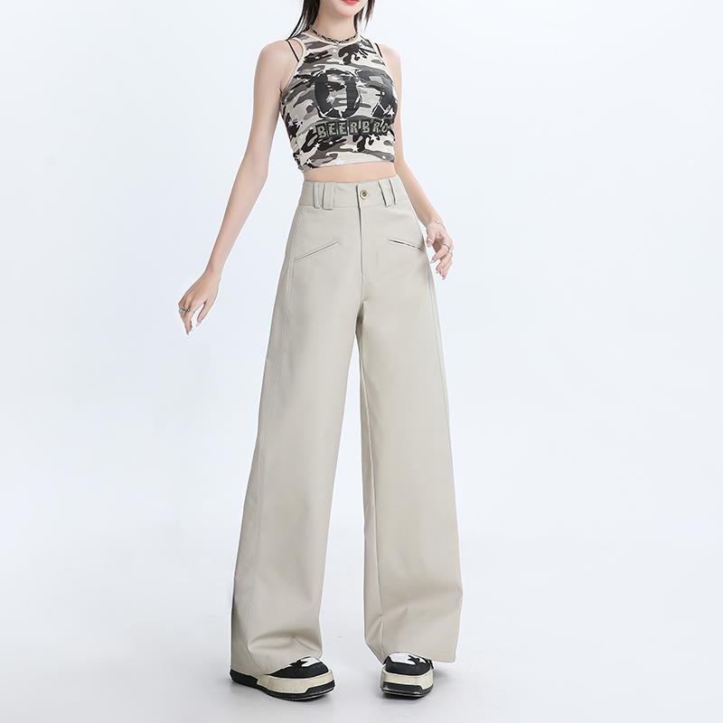 busrr卡其直筒阔腿裤女高腰2025春秋新款韩版设计感宽松休闲裤子
